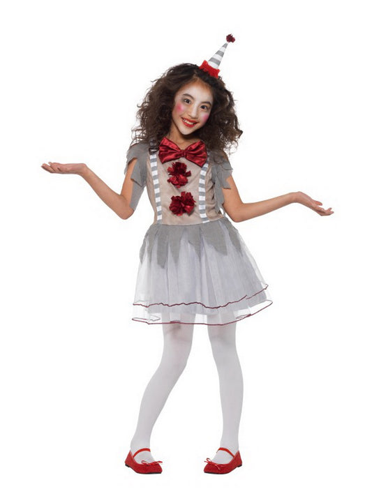 Mädchen Kinder Vintage Retro Clown Kostüm im Harlekin Style, Kleid mit Kopfschmuck, perfekt für Halloween Karneval und Fasching, 104-116, Hellgrau